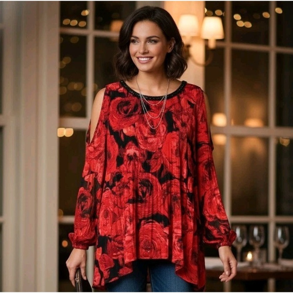 Catherines 3X P Red Black Rose Pleated Bead Tunic Top Whimsigoth Fairy‎ Romantic